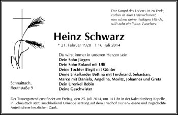 Traueranzeige von Heinz Schwarz von Pegnitz-Zeitung